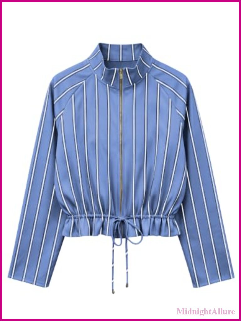 Striped Cropped Zip Up Jacket Lightweight Casual Stand Collar Drawstring